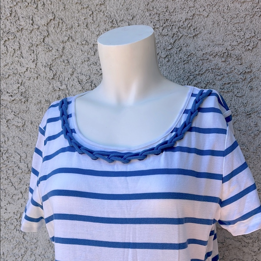 Talbots Blue and White Striped Short Sleeve Tee with Chain Link Detail Neckline